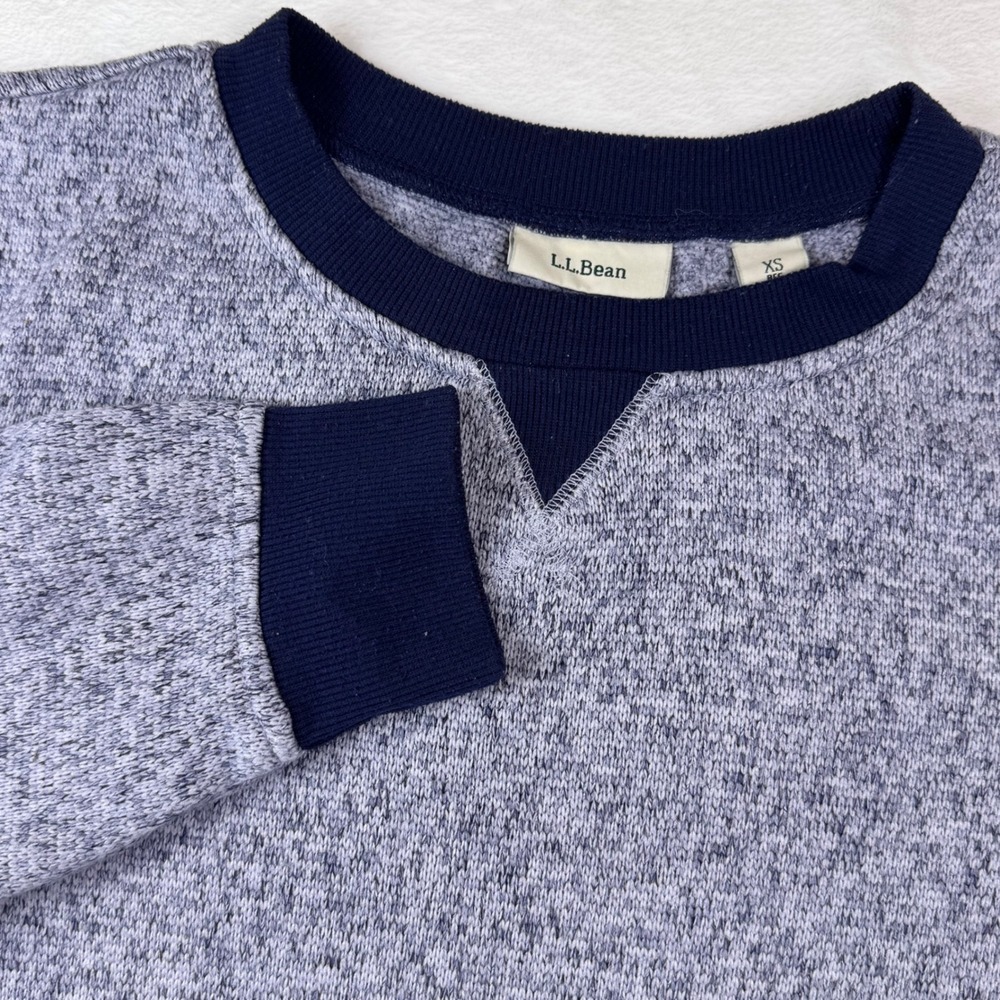 LLBean Heathered Gray Crewneck Sweatshirt Navy Trim XS Recycled Polyester Blend
